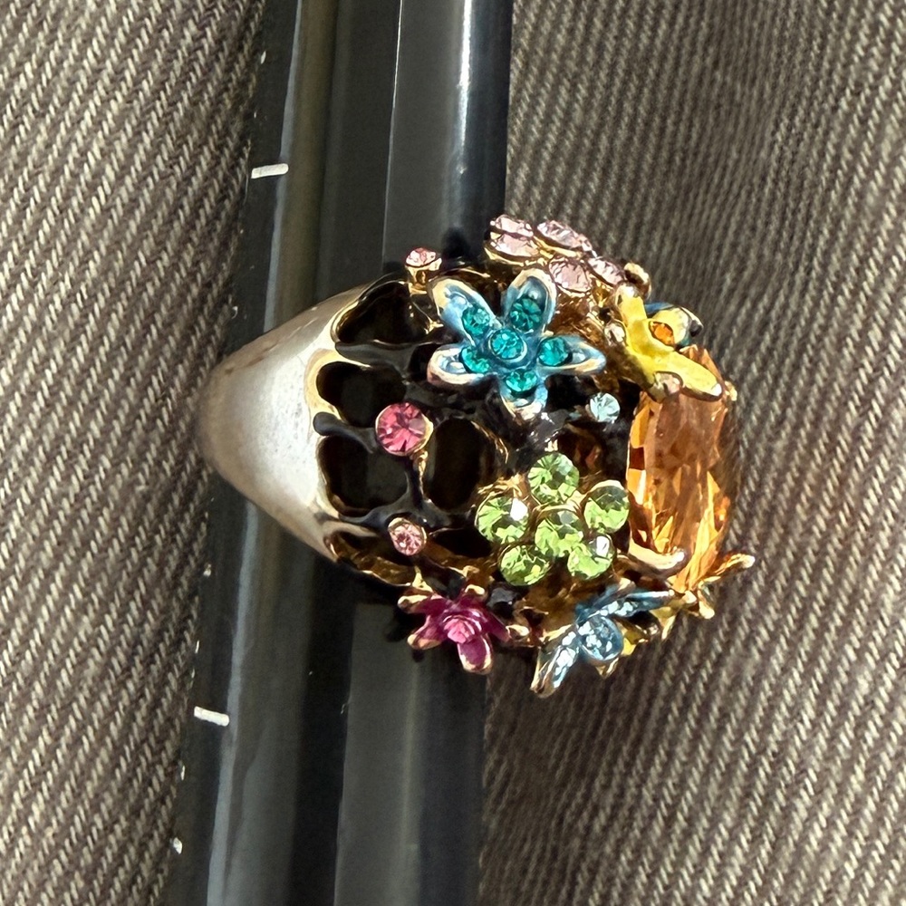 guc Aldo Multicolor Floral flowers Cocktail Ring Amber Center Stone Y2K sz - Picture 4 of 4